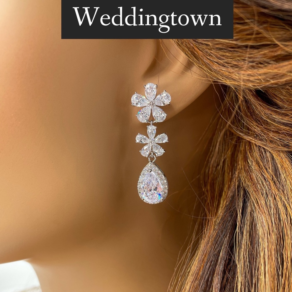 Silver flower dangle earrings bridal pear jewelry
